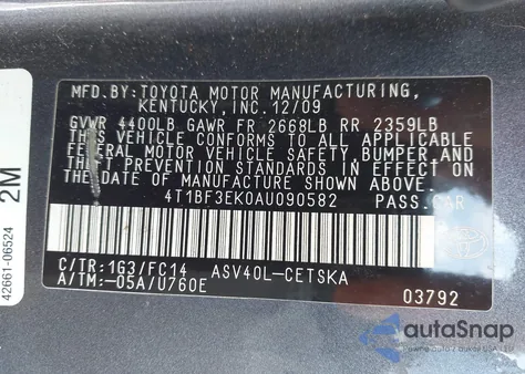 2010 Toyota Camry Se z USA, uszkodzony, nr VIN 4T1BF3EK0AU090582